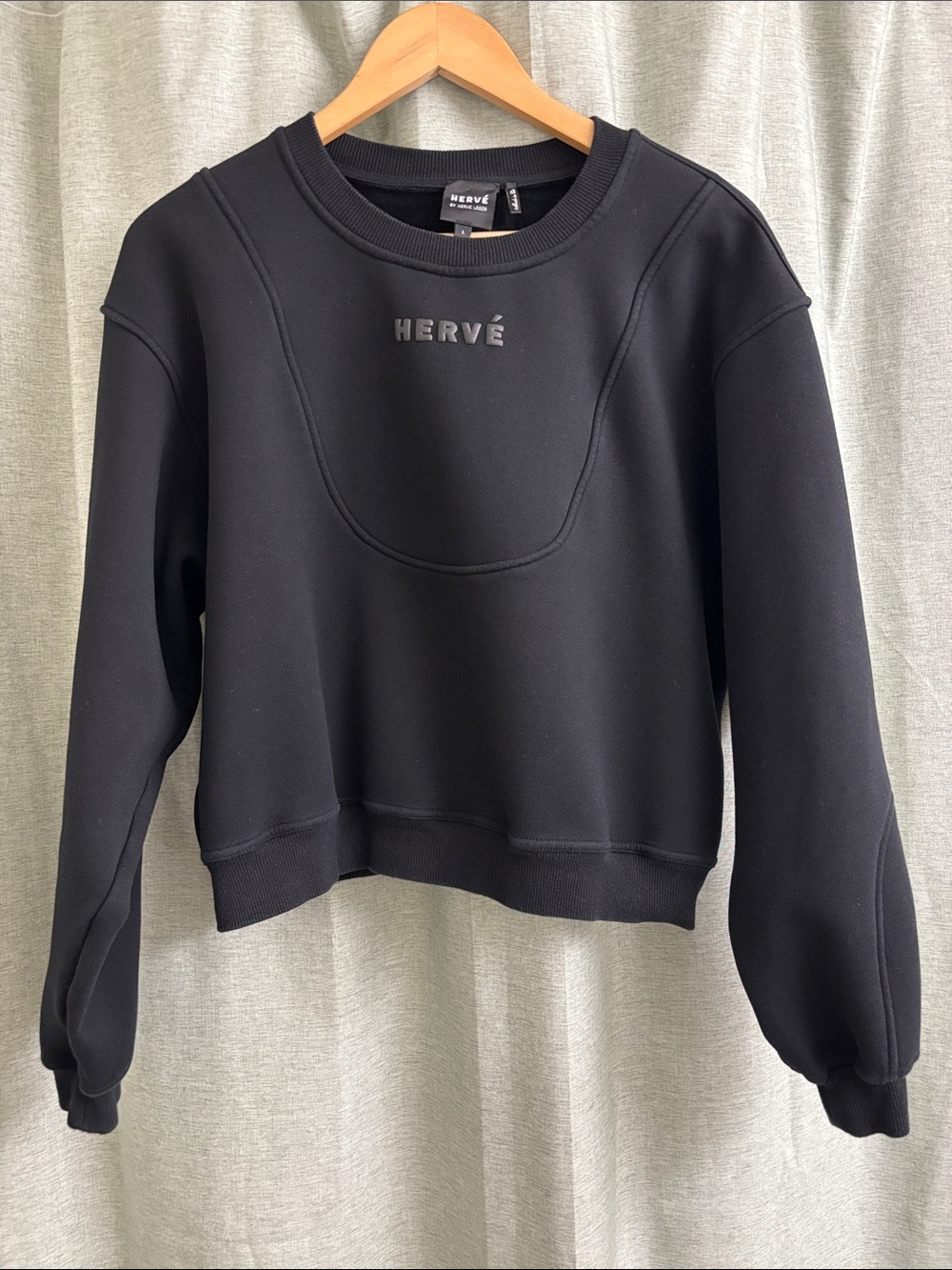 Herve Leger Bonded Seamed Sweatshirt Black Embroidered Crew Neck Pullover